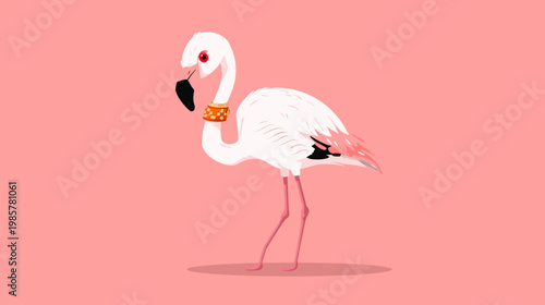 A stylized illustration of a flamingo with white feathers, red eye, & jewelry against a pink background