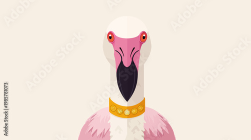 A cartoon depiction of a pink flamingo's head, facing forward with a gold collar