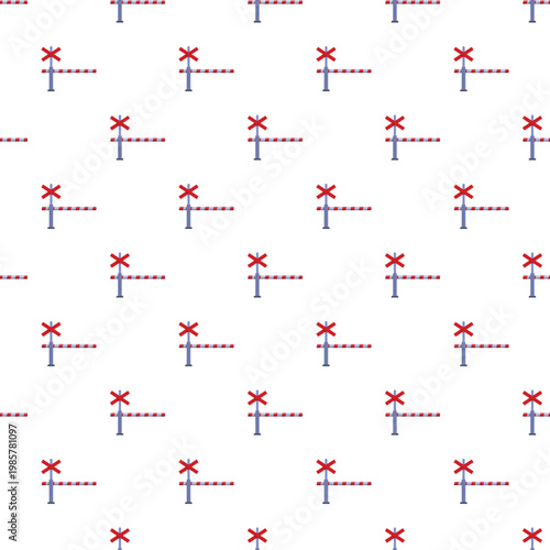 Railroad level crossing signs with closed barriers forming a repeating pattern
