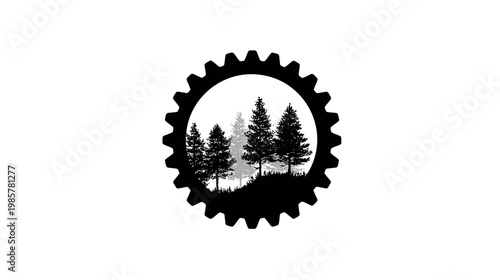 Silhouette art A gear surrounds a forest of evergreen trees. Nature & tech blend