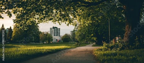 Golden hour sun illuminates a winding park path through vibrant trees toward city skyline