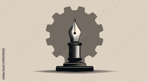 A vintage-style illustration of a fountain pen in front of a gear shape on a textured background