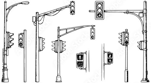 A collection of hand-drawn street elements featuring various traffic lights, pedestrian signals, and lamp posts in a detailed sketch style.