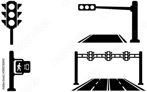 A collection of various black silhouette icons depicting different types of traffic lights and pedestrian signals for road safety.