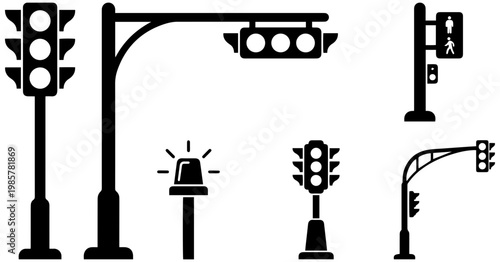 Collection of various black silhouette traffic lights, pedestrian signals, and warning beacons for road safety design elements.