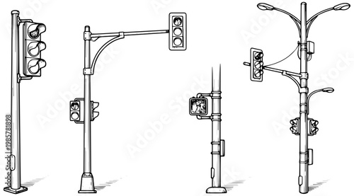 Hand drawn collection of various urban street lights and traffic signals with pedestrian crossings on their poles.