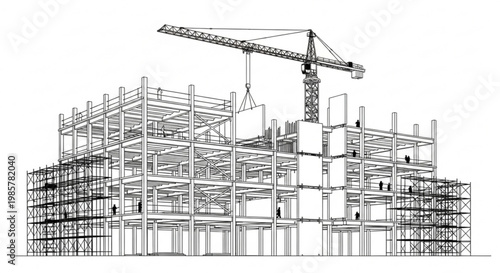 Sketch of a building under construction at a modern construction site with crane and urban skyline