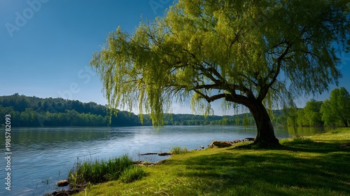 Tranquil Lake Landscape with Green Tree / 緑の木がある静かな湖の風景