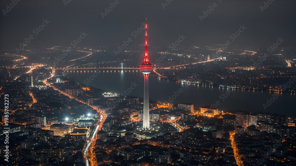 Fototapeta premium Aerial nighttime view of Tokyo cityscape with Tokyo Tower lit up brightly standing tall amidst urban sprawl and waterway