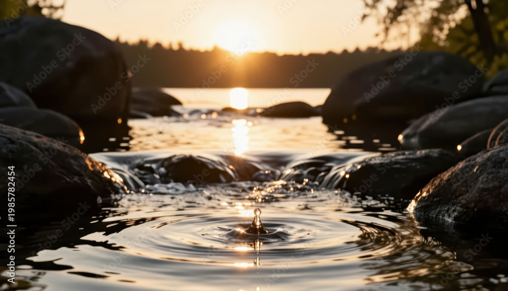 Obraz premium The sun sets over a calm lake, creating ripples in the water near smooth stones. The reflection of the sun glimmers on the water, enhancing the serene atmosphere.