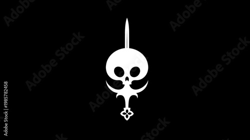 A stark white skull pierced by a vertical blade, ornate design elements descend below it