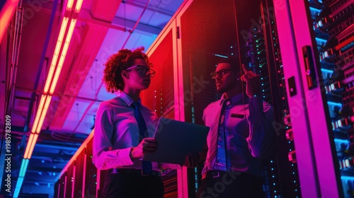 Two It Professionals Working in Modern Data Center with Servers and Neon Lighting