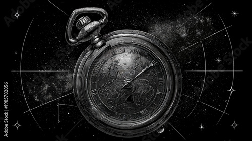 A detailed illustration of a pocket watch with intricate details, set against a star-filled background
