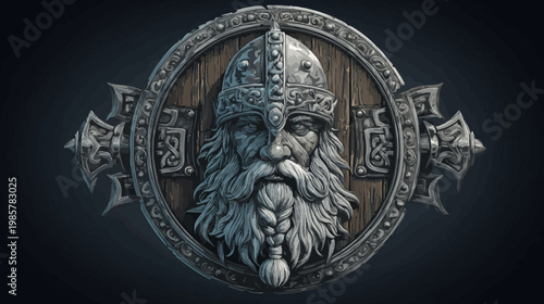 Artistic depiction of a stoic, bearded warrior head with helmet. Framed in ornate, metallic shield