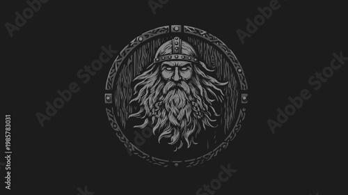 A grayscale illustration of a bearded man with a helmet within a decorative circular frame