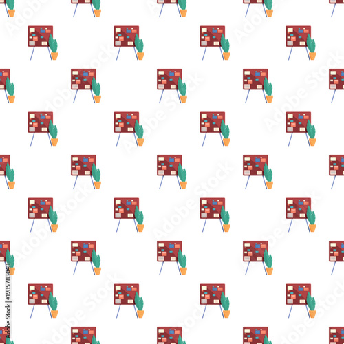 Seamless pattern featuring a standing pinboard with notes and potted plant