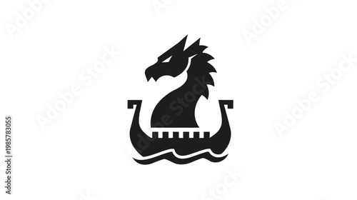 A stylized black illustration of a dragon emerging from a boat over waves on a white background