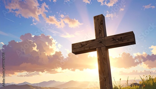 A serene landscape featuring a wooden cross at sunset