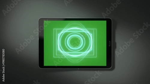 Tablet with Green Screen Displaying Expanding Neon Concentric Circles and Square Animation