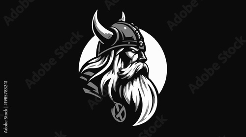 A grayscale illustration of a bearded warrior in profile, wearing a horned helmet. The image is on black