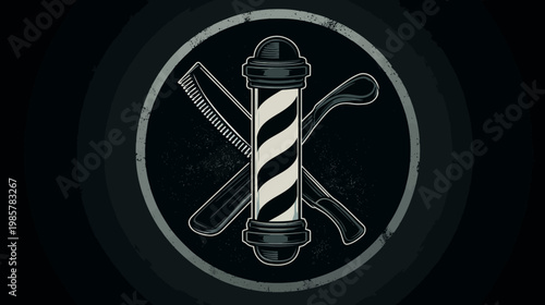 Graphic with barber pole, straight razor, and comb forming a barbershop symbol on black background