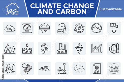 Climate Change and Carbon Icons, a customizable vector set illustrating environmental impact and sustainability. Global warming, CO2 emissions, and eco-friendly solutions for modern design