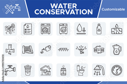Water Conservation Vector Icons, customizable line art set for environmental sustainability, eco-friendly living, and resource management, 20 editable graphic elements.