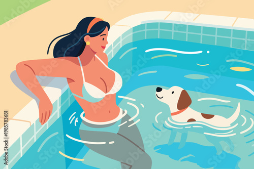Bikini Woman Swimming In Pool With Her Dog Illustration Creative Design Template 