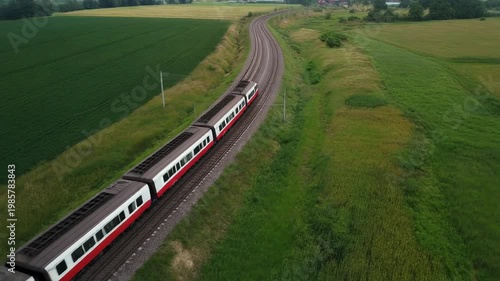 Aerial View of Passenger Train Moving on Railway Tracks Through Green Fields