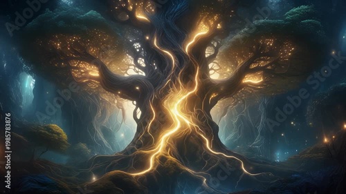 Magical Enchanted Tree Glowing with Golden Energy in Dark Fantasy Forest