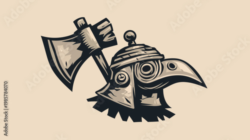 A cartoonish depiction of a plague doctor helmet with an axe in a sepia color palette