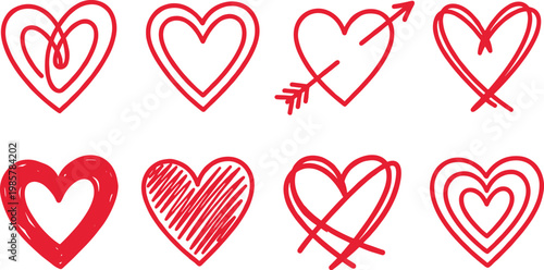 Various different hand drawn heart icon love collection isolated on white background. Heart doodles set. Hand drawn hearts collection. Romance and love illustrations..