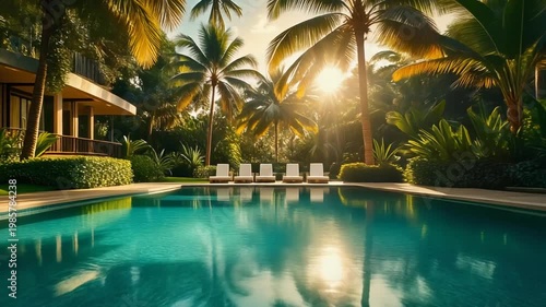 Luxurious Tropical Resort Swimming Pool at Golden Hour with Palm Trees and Modern Villa