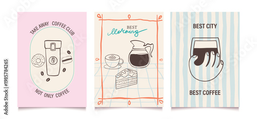 Hand drawn coffee posters. Breakfast or brunch doodle design set for cafe, menu, shop. Vintage  illustration in line art.