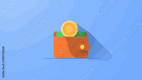 A stylized illustration features a wallet with a coin partially inserted against a textured blue backdrop