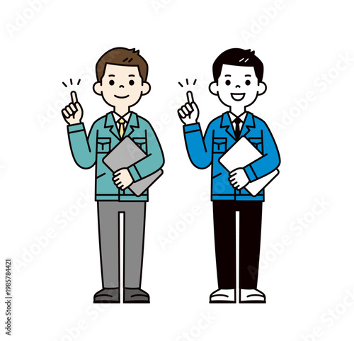 パソコンを片手に持って要点を説明する、作業服を着た男性従業員の全身ベクターイラスト素材セット