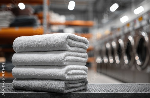 Freshly folded white towels neatly stacked in a bright, clean commercial laundry room
