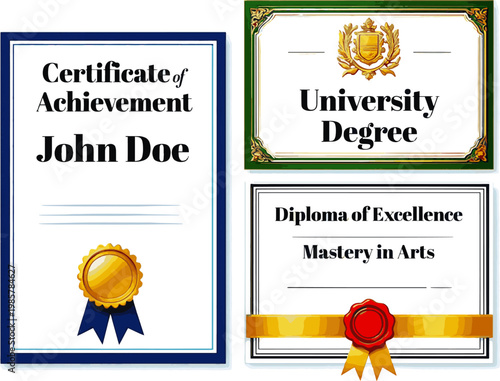 Create a realistic kinds of deferent Diploma vector art with white background.