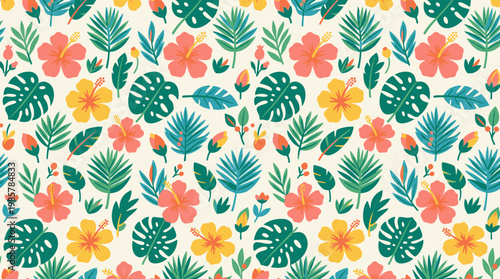 Colorful tropical flowers and leaves pattern.