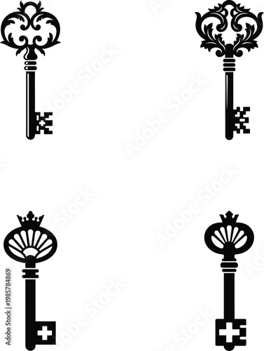 Three medieval vintage keys sketches silhouette on white background