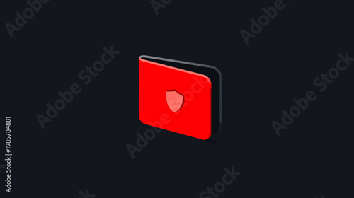 Free Download Isometric, minimalist graphic of a red wallet with a shield emblem, set against a dark background - GFXLoad