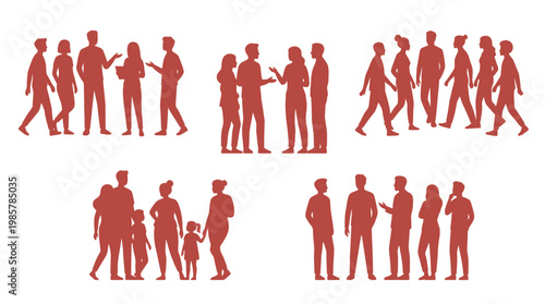 Red silhouettes of people walking together.