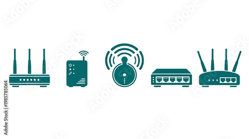 Wireless router and networking devices icons.