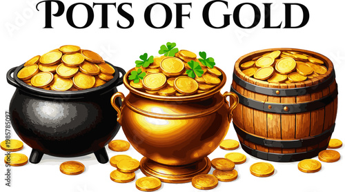 Create a realistic kinds of deferent Pot of gold vector art with white background..