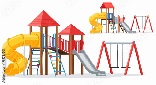 Colorful outdoor playground equipment vector set, children's play area with yellow spiral slide and red swings, park recreation structures