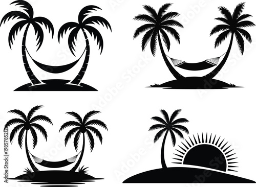 Set of four tropical island silhouette designs with palm trees and hammocks palm tree design element white background graphic resource vacation spot holiday destination silhouette