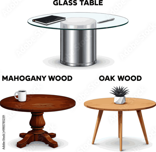 Create a realistic kinds of deferent Round conference Table vector art with white background..