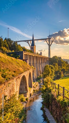 A serene landscape featuring an old stone bridge over a stream