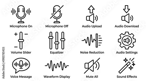 Audio control and sound settings icon set for modern digital interfaces.