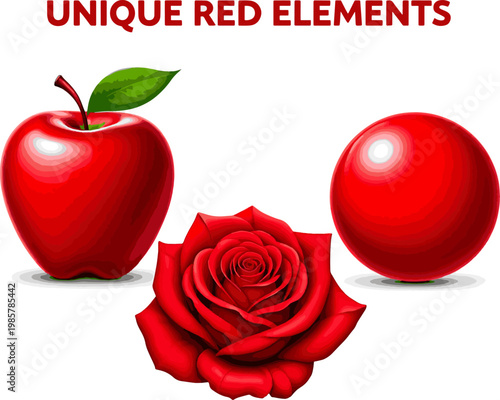 Create a realistic kinds of deferent Unique red element vector art with white background..